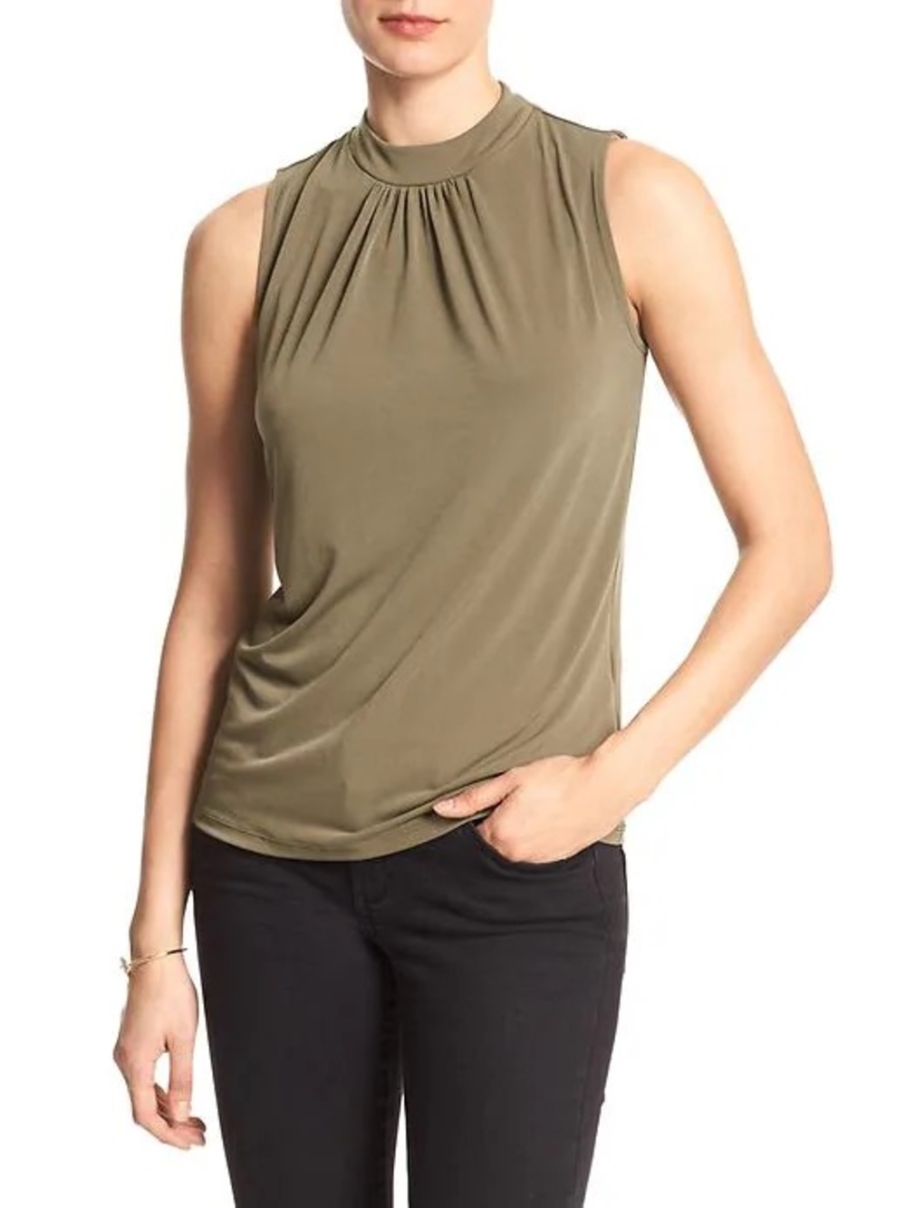 (GREEN BLUE) Banana Republic Sleeveless Gathered Mock-Neck Top